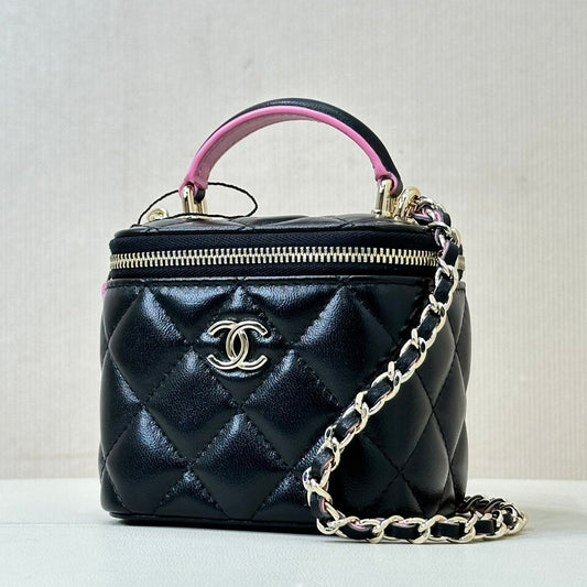 sac bandoulière vanity poignée supérieure 10 cm cuir d'agneau noir rose 
