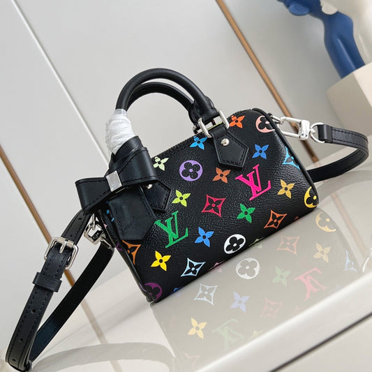 LV x TM Nano Speedy 16 cm en toile enduite noire et multicolore avec monogramme