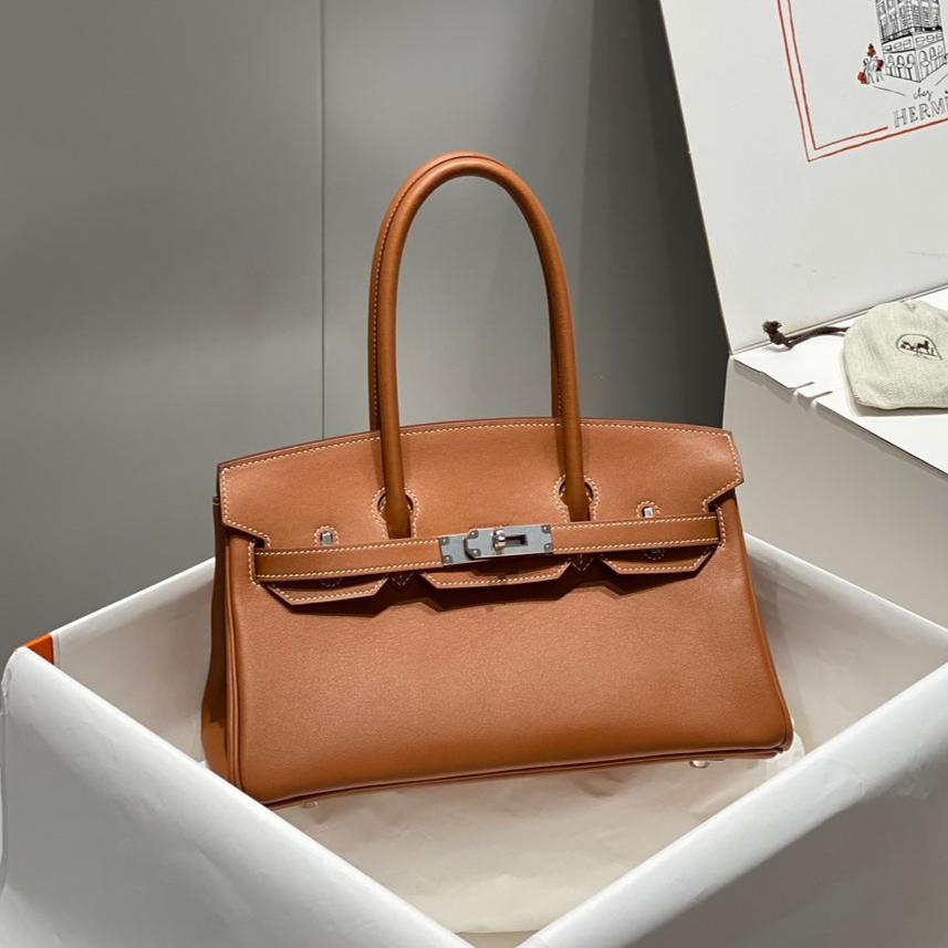Sac à bandoulière HM Birkin 29 cm en cuir Swift doré et accessoires argentés