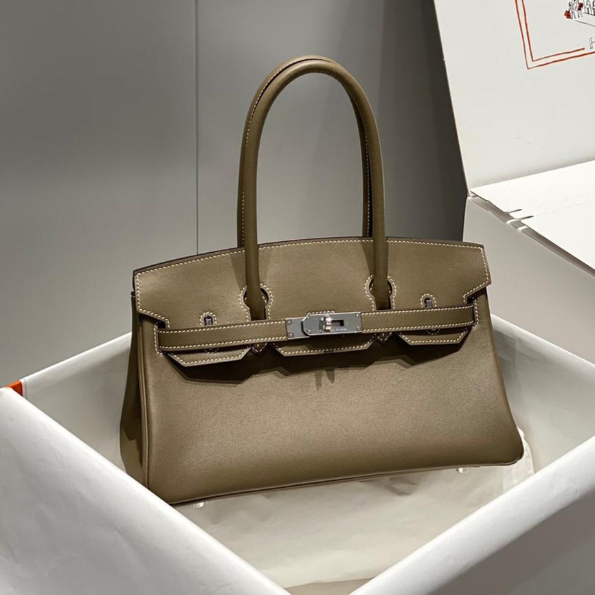 Sac à bandoulière HM Birkin 29 cm en cuir Swift gris éléphant avec accessoires argentés
