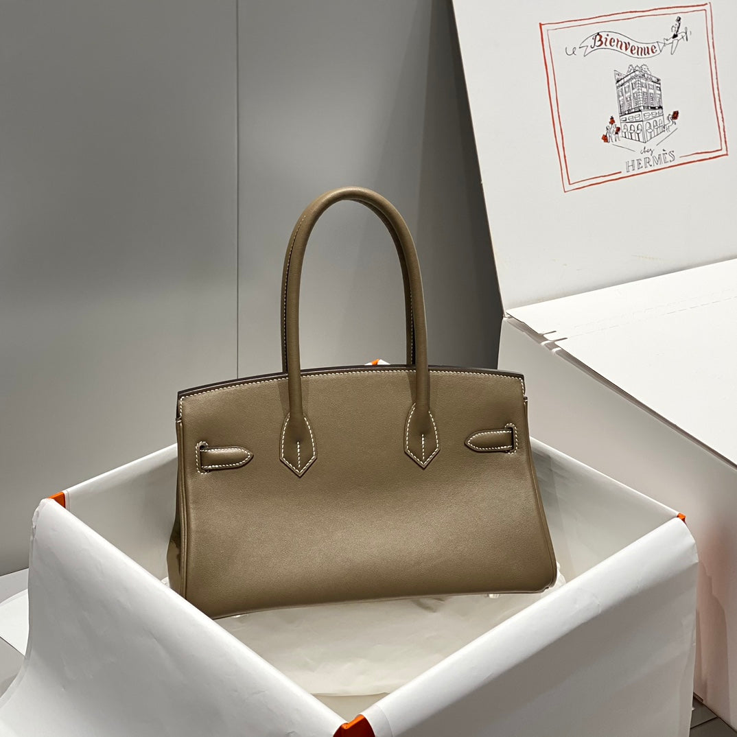 Sac à bandoulière HM Birkin 29 cm en cuir Swift gris éléphant avec accessoires argentés