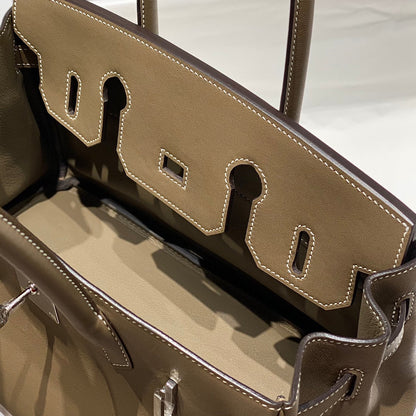 Sac à bandoulière HM Birkin 29 cm en cuir Swift gris éléphant avec accessoires argentés