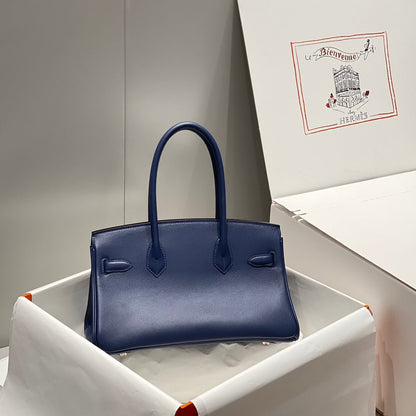 Sac à bandoulière HM Birkin 29 cm en cuir Swift bleu foncé avec accessoires argentés