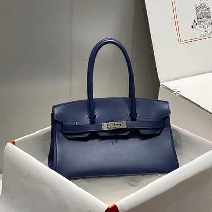 Sac à bandoulière HM Birkin 29 cm en cuir Swift bleu foncé avec accessoires argentés