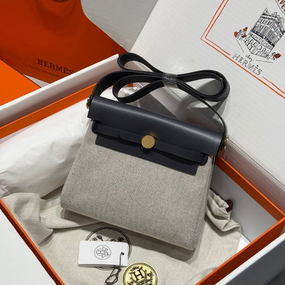 Mini sac Herbag HM Boucle dorée 20 cm Toile beige gris et cuir de vachette Hunter 243285