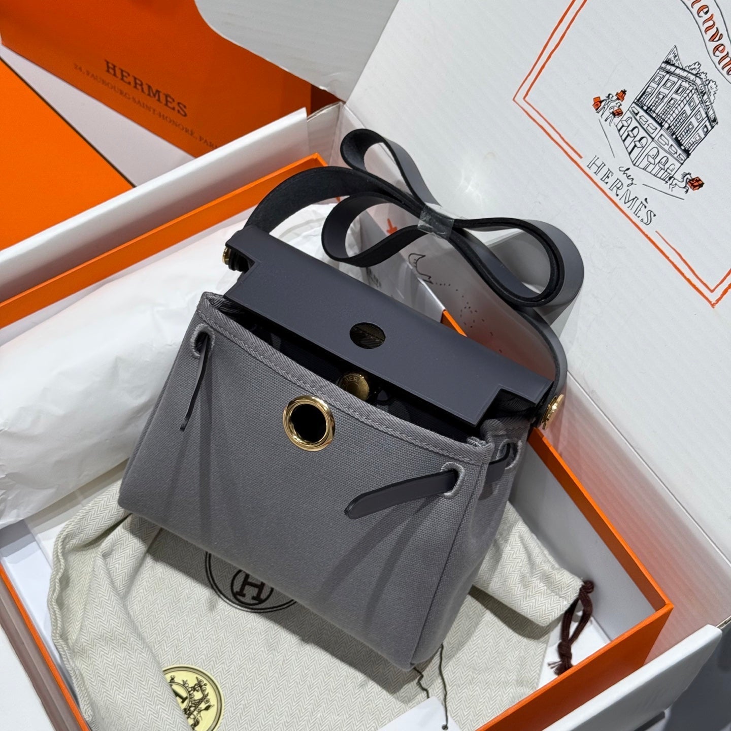 Mini sac Herbag HM, boucle dorée, 20 cm, toile grise et cuir de vachette Hunter 243270