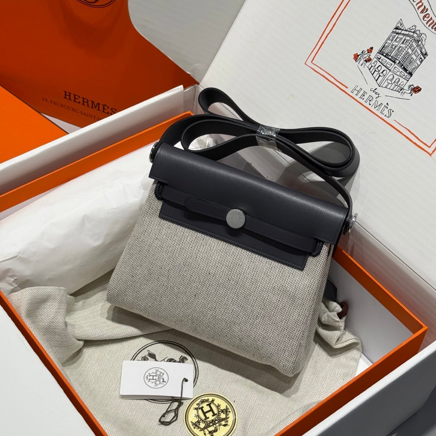 Mini sac Herbag HM Boucle Argent 20 Beige Gris Toile et Cuir de Vache Hunter 243290