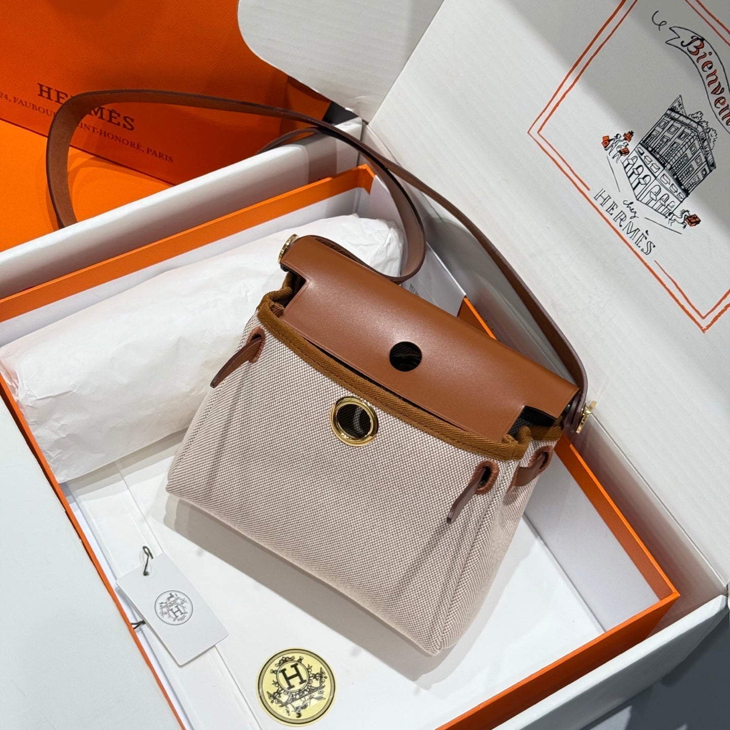 Mini sac Herbag HM Boucle dorée 20 cm Toile beige et cuir de vachette Hunter 243221
