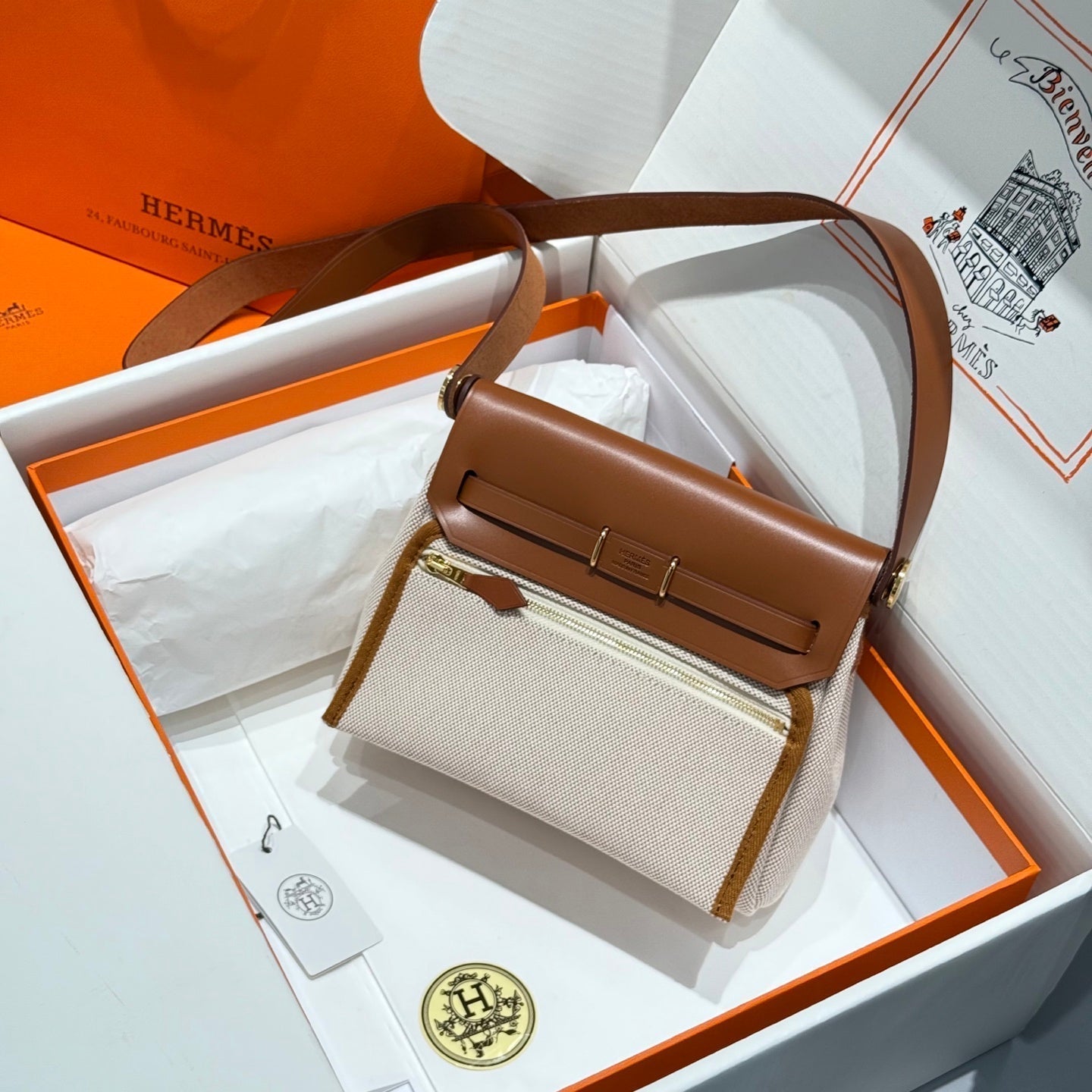 Mini sac Herbag HM Boucle dorée 20 cm Toile beige et cuir de vachette Hunter 243221