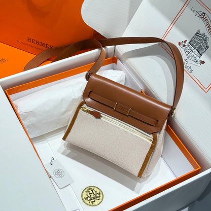 Mini sac Herbag HM Boucle dorée 20 cm Toile beige et cuir de vachette Hunter 243221