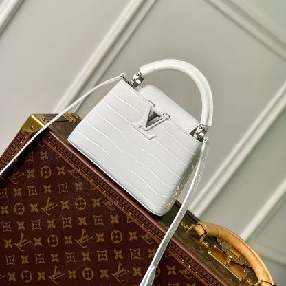 CAPUCINES MINI 21 CUIR DE VEAU BLANC EMBOSSÉ CROCODILE QUINCAILLERIE ARGENTÉE