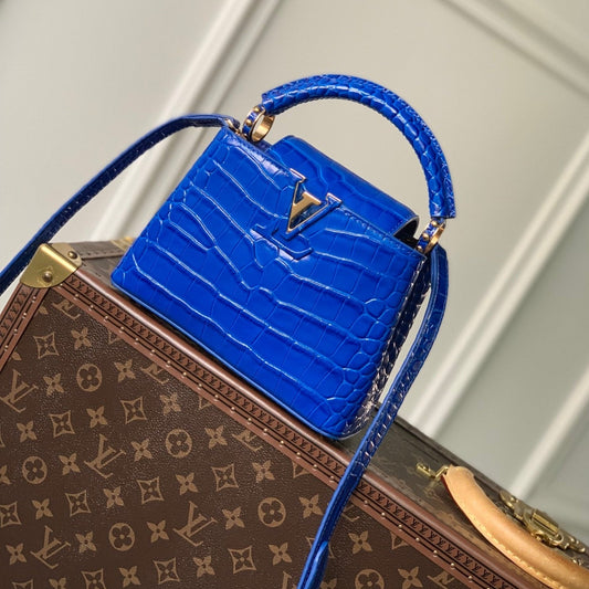 CAPUCINES MINI 21 CUIR DE VEAU GAUFRÉ CROCODILE BLEU COBALT ACIER DORÉ