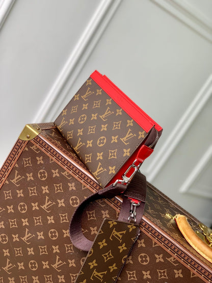 Portefeuille portable Gaston 18 pouces en toile monogrammée marron et cuir de veau rouge mélangé