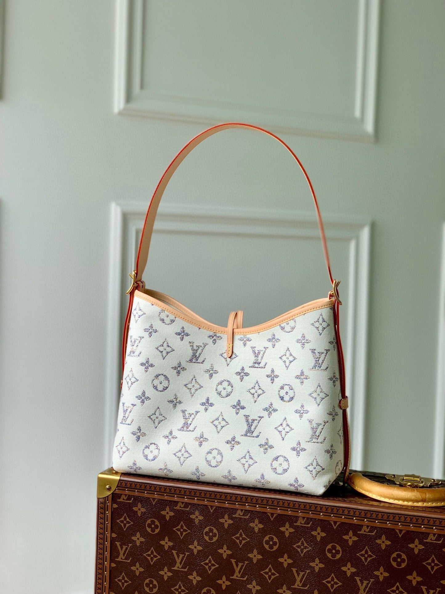 Lv CarryAll 29 Cuir beige Tissu jacquard monogramme blanc