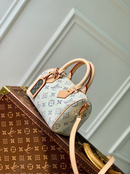 LV スピーディ バンドリエール 20 ベージュレザー ホワイトモノグラムジャカード生地