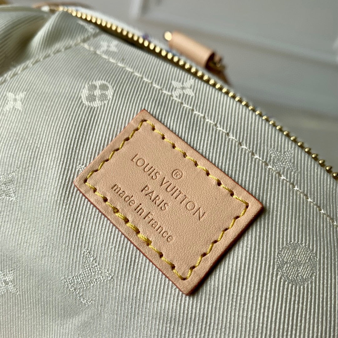LV スピーディ バンドリエール 20 ベージュレザー ホワイトモノグラムジャカード生地