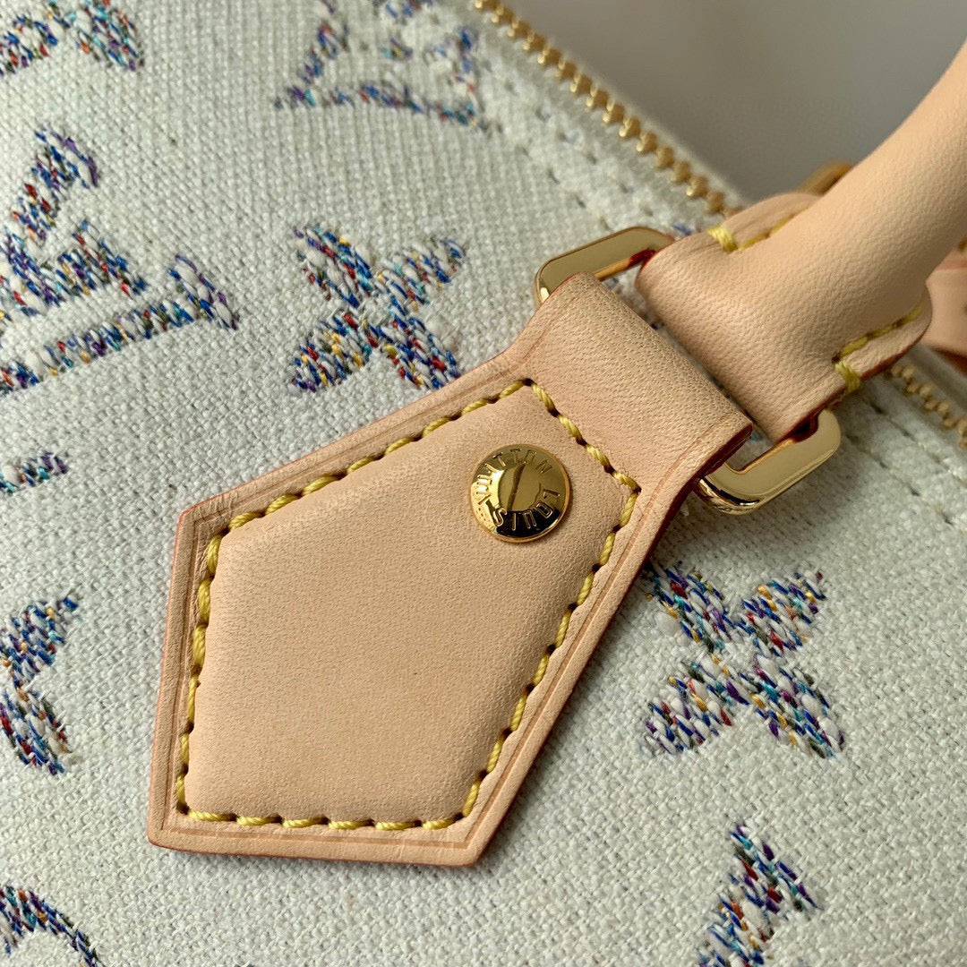 LV スピーディ バンドリエール 20 ベージュレザー ホワイトモノグラムジャカード生地