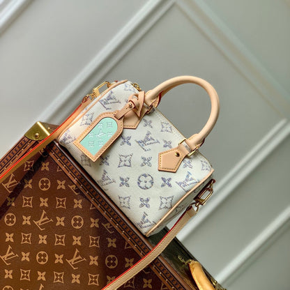 LV スピーディ バンドリエール 20 ベージュレザー ホワイトモノグラムジャカード生地