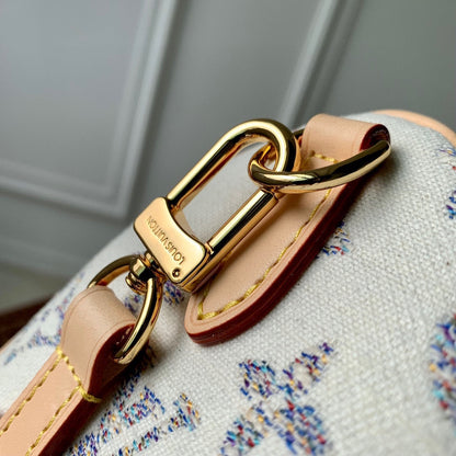 LV スピーディ バンドリエール 20 ベージュレザー ホワイトモノグラムジャカード生地