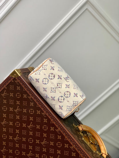 LV スピーディ バンドリエール 20 ベージュレザー ホワイトモノグラムジャカード生地