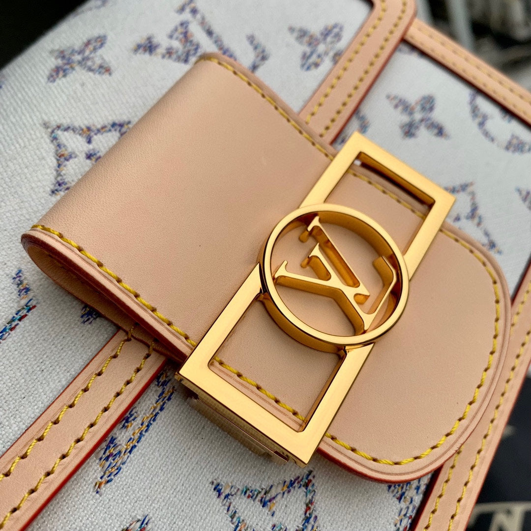 Lv Dauphine 20 Cuir beige Tissu jacquard monogramme blanc