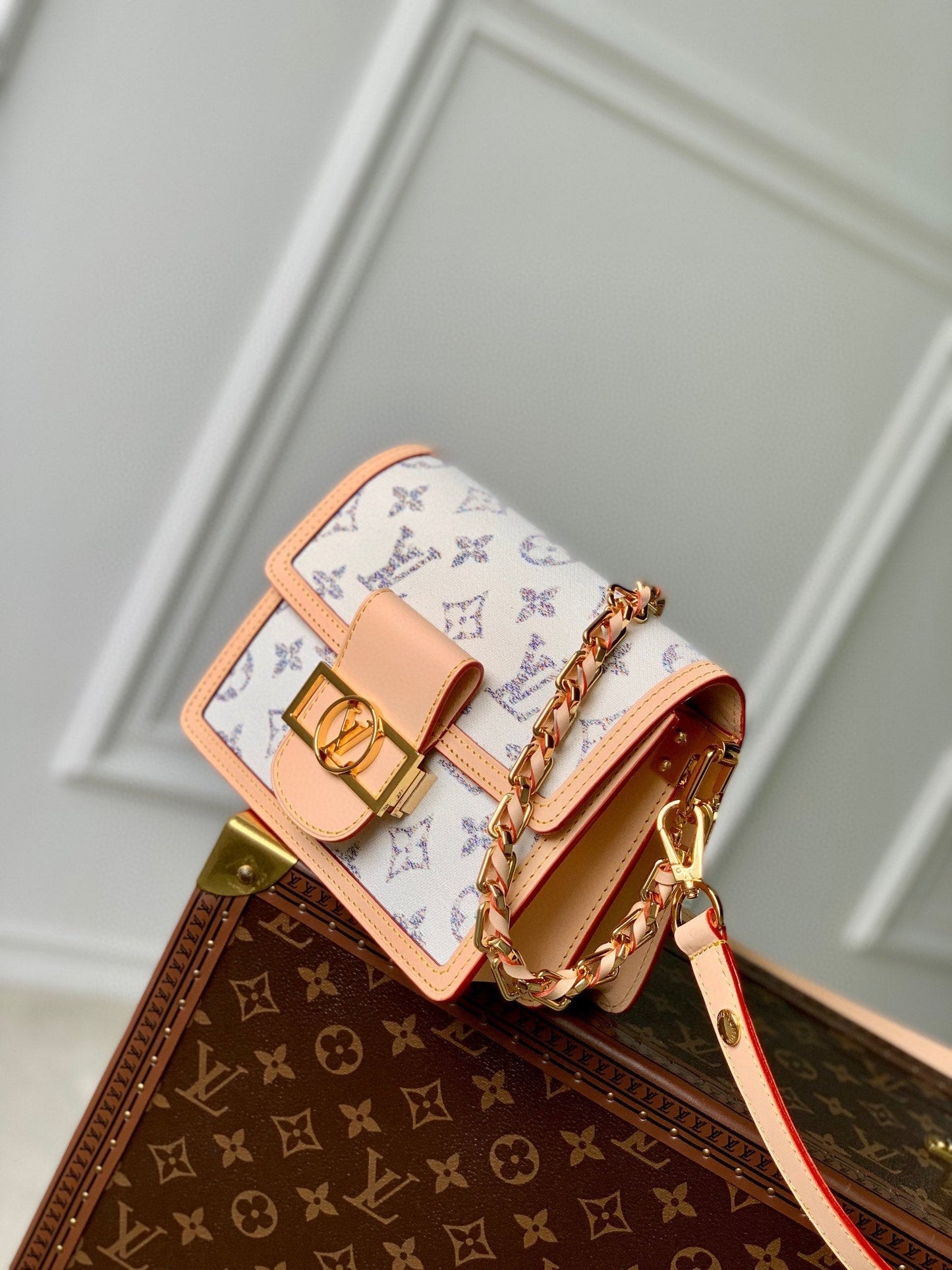 Lv Dauphine 20 Cuir beige Tissu jacquard monogramme blanc