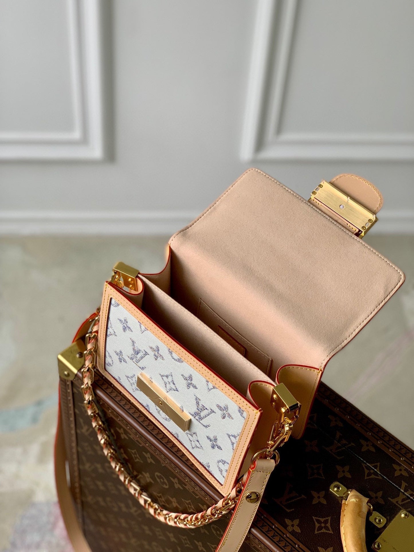 Lv Dauphine 20 Cuir beige Tissu jacquard monogramme blanc