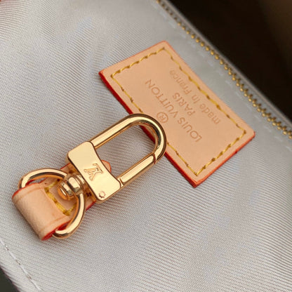 Lv OntheGo MM Cuir beige Tissu jacquard monogramme blanc