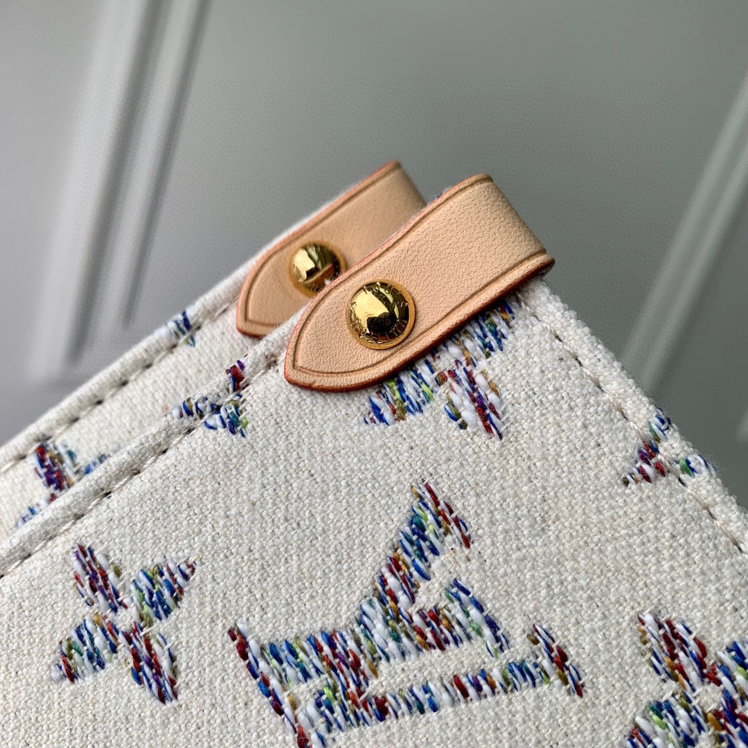 Lv OntheGo MM Cuir beige Tissu jacquard monogramme blanc
