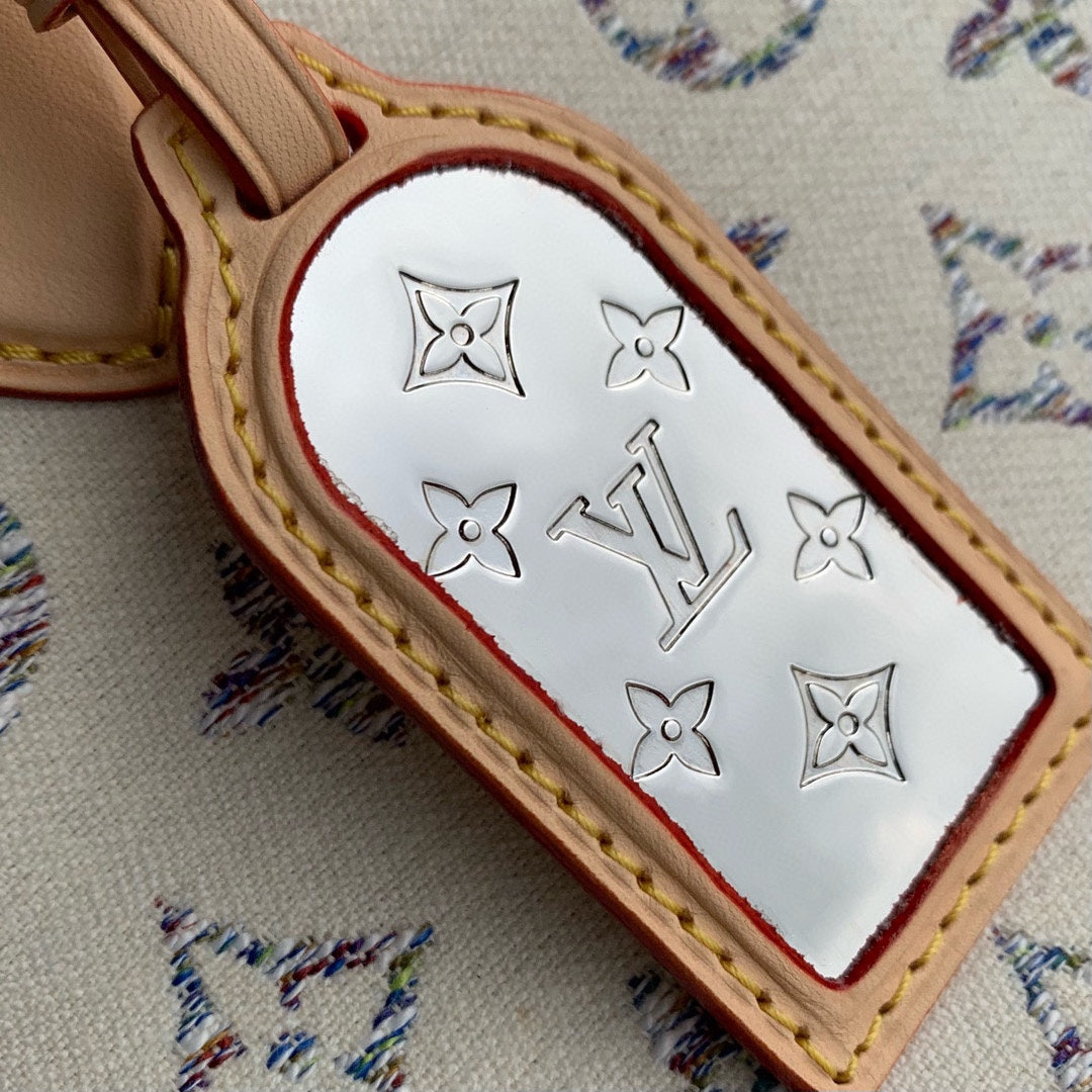 Lv OntheGo MM Cuir beige Tissu jacquard monogramme blanc