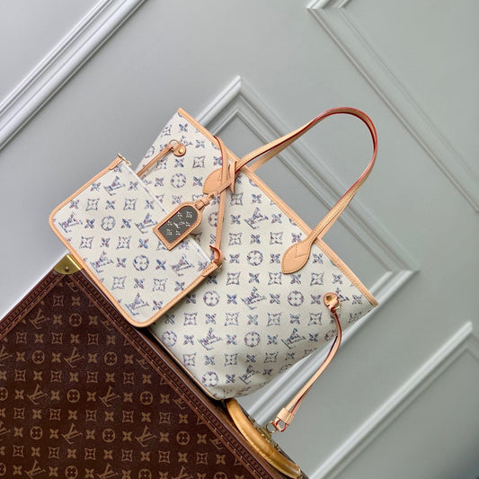 Lv Neverfull MM Cuir beige Tissu jacquard monogramme blanc