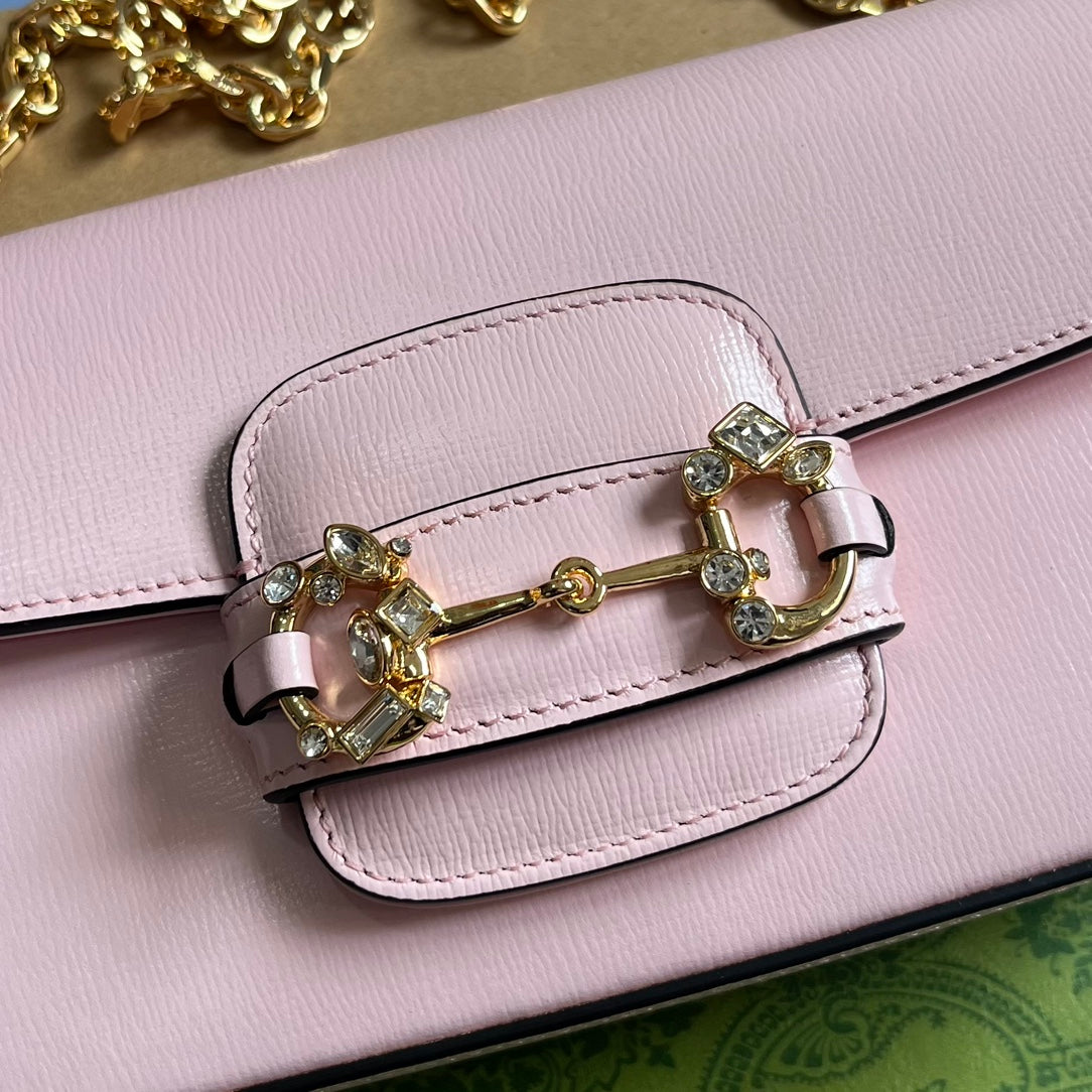 SAC À BANDOULIÈRE DIAMOND HORSEMORS 24 EN CUIR DE VEAU ROSE CLAIR, QUINCAILLERIE DORÉ 