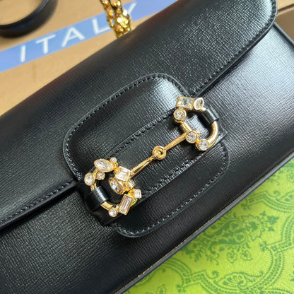 SAC À BANDOULIÈRE DIAMOND HORSEMORS 24 EN CUIR DE VEAU NOIR QUINCAILLERIE DORÉ 