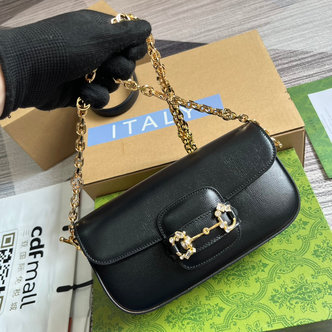 SAC À BANDOULIÈRE DIAMOND HORSEMORS 24 EN CUIR DE VEAU NOIR QUINCAILLERIE DORÉ 