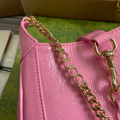 MINI SAC JACKIE NOTTE 19 EN CUIR DE VEAU LAQUÉ ROSE CRAQUELÉ, QUINCAILLERIE DORÉ