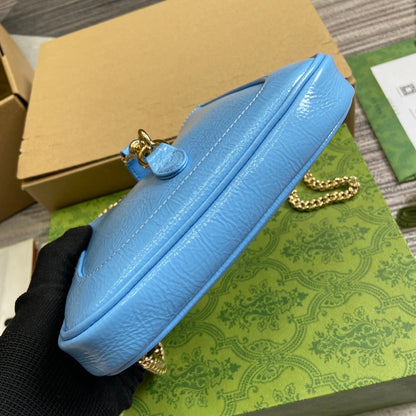 MINI SAC JACKIE NOTTE 19 EN CUIR DE VEAU LAQUÉ CRAQUELÉ BLEU OCÉAN, QUINCAILLERIE DORÉ