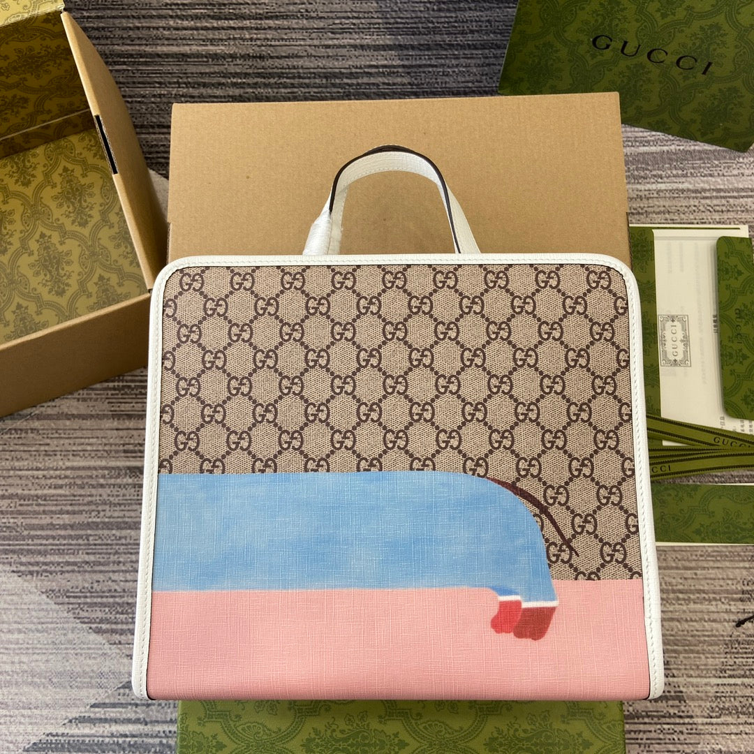 SAC CABAS ENFANT IMPRIMÉ CHIOT 28 EN TOILE BEIGE ET BORDURE EN CUIR DE VEAU BLANC