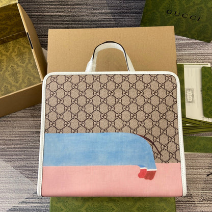 SAC CABAS ENFANT IMPRIMÉ CHIOT 28 EN TOILE BEIGE ET BORDURE EN CUIR DE VEAU BLANC