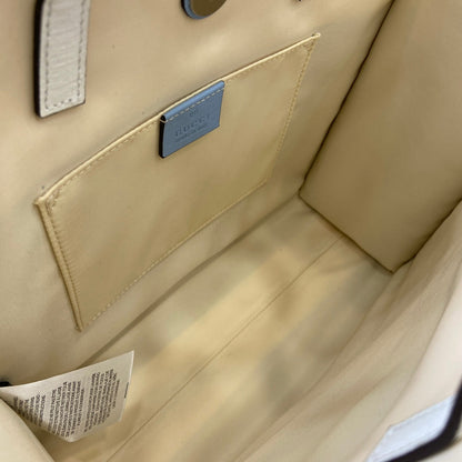 SAC CABAS ENFANT IMPRIMÉ CHIOT 28 EN TOILE BEIGE ET BORDURE EN CUIR DE VEAU BLANC