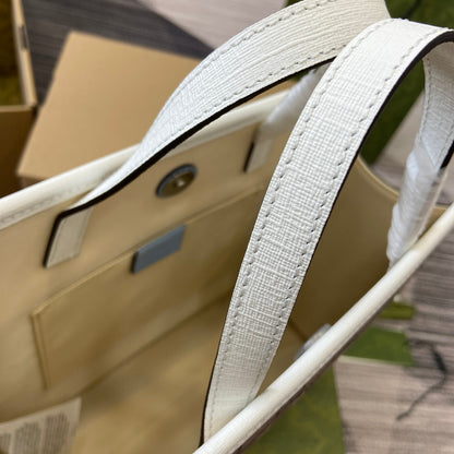 SAC CABAS ENFANT IMPRIMÉ CHIOT 28 EN TOILE BEIGE ET BORDURE EN CUIR DE VEAU BLANC