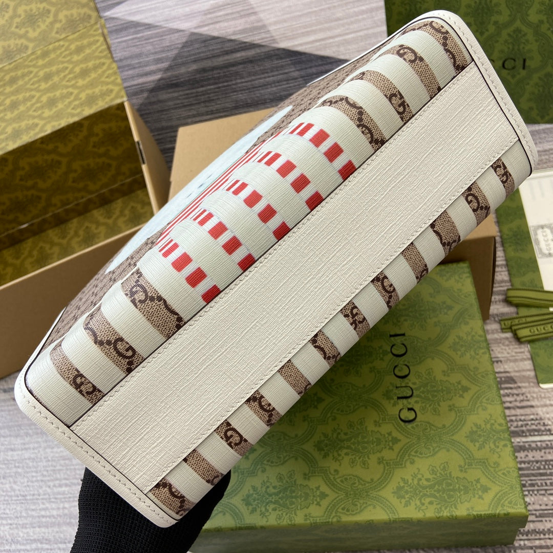 SAC CABAS 28 IMPRIMÉ ANIMALIER EN TOILE BEIGE ET BORDURE EN CUIR DE VEAU BLANC