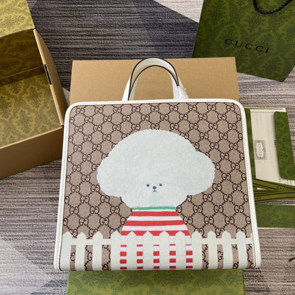 SAC CABAS 28 IMPRIMÉ ANIMALIER EN TOILE BEIGE ET BORDURE EN CUIR DE VEAU BLANC