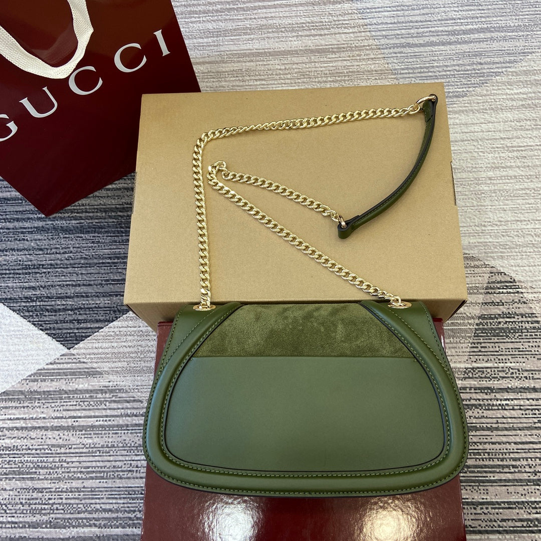 Petit sac bandoulière Blondie 26 en cuir de veau vert genévrier et daim, finitions dorées