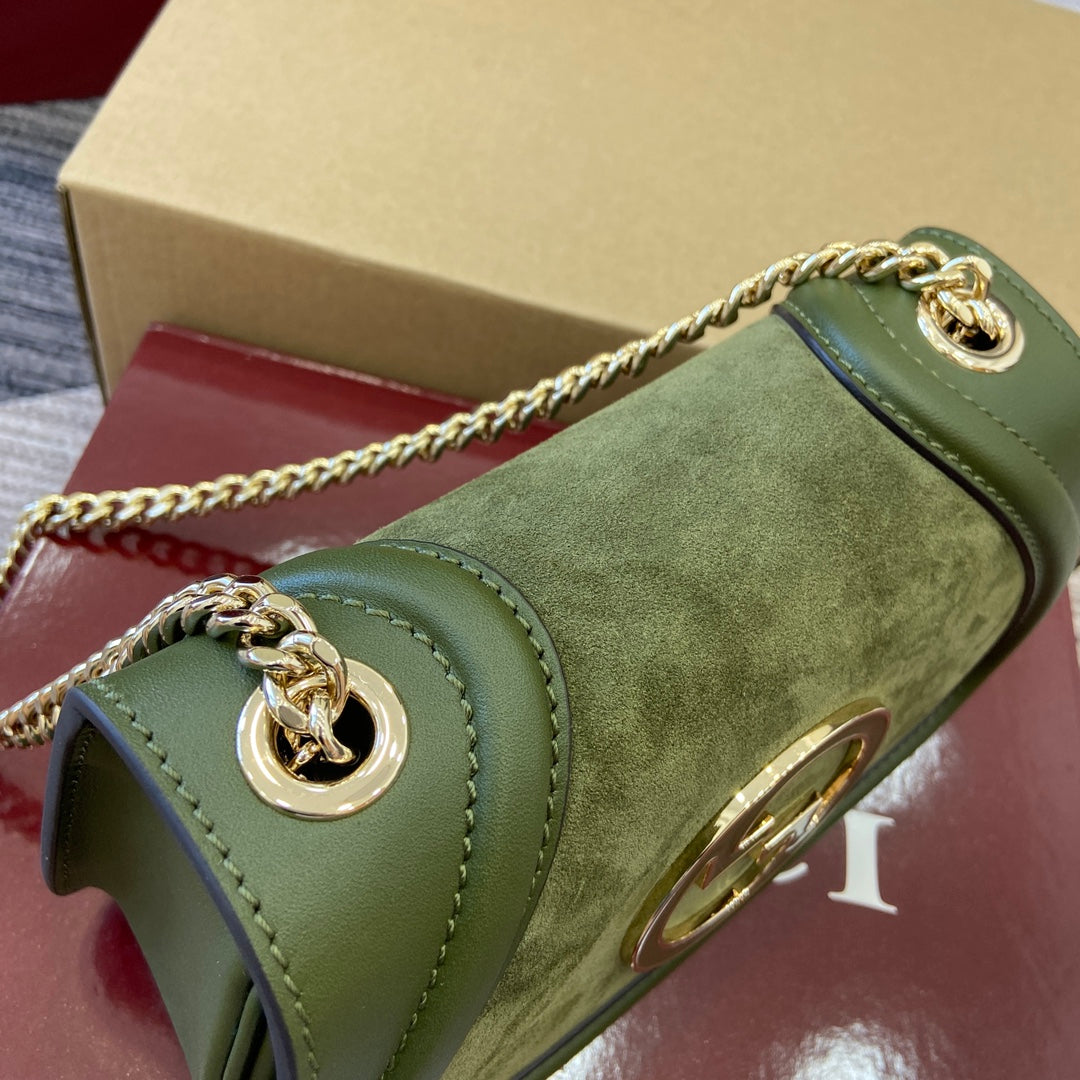 Mini sac bandoulière Blondie 21 en cuir de veau vert genévrier et daim, finitions dorées