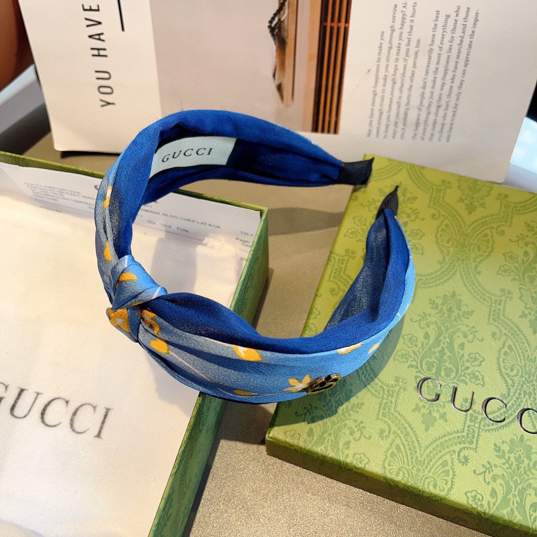 BANDEAU À CHEVEUX IMPRIMÉ FLEURI EN SOIE BLEU BLEUET 398862