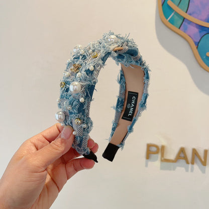 BANDEAU À CHEVEUX EN TISSU BLEU CLAIR MIX GRIS PÂLE AVEC PERLE 410863