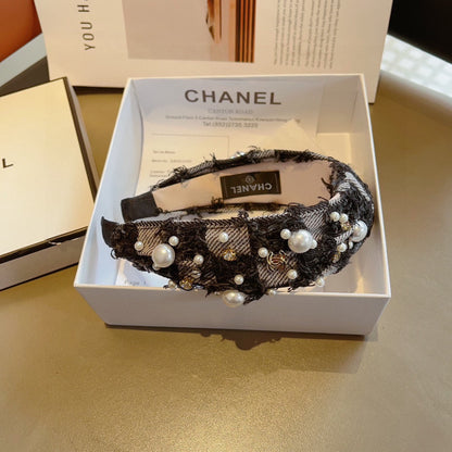 BANDEAU EN TISSU NOIR MIX GRIS PÂLE AVEC PERLE 410864