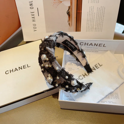 BANDEAU EN TISSU NOIR MIX GRIS PÂLE AVEC PERLE 410864