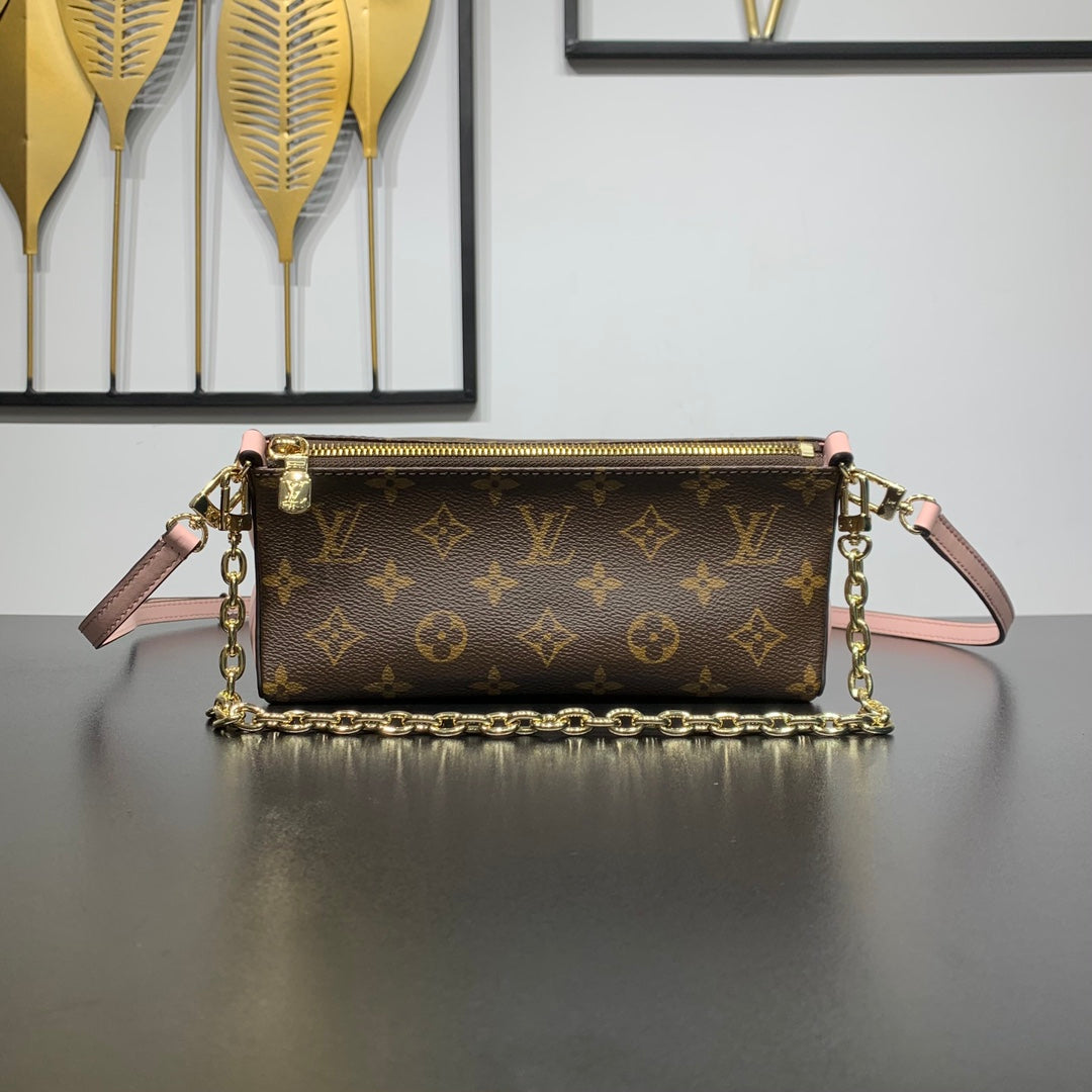 Pochette Bloom 22 en toile monogrammée marron et côtés en cuir de veau rose pastel
