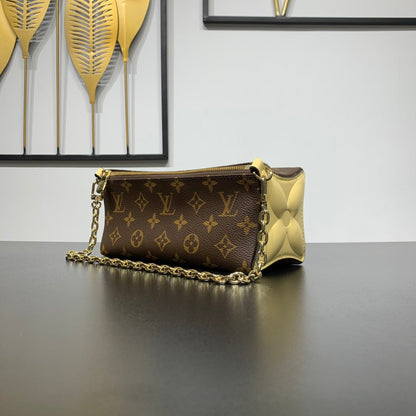 POCHETTE BLOOM 22 EN TOILE MONOGRAMME MARRON ET CÔTÉS EN CUIR DE VEAU JAUNE PASTEL